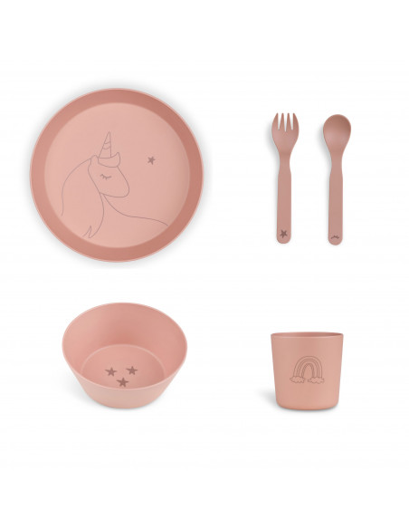 Vajilla y cubiertos unicornio rosa